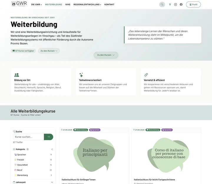 Course platform with live filters, GWR Vinschgau