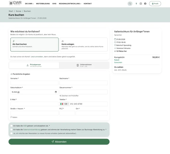 Online booking, Italian-compliant, GWR Vinschgau